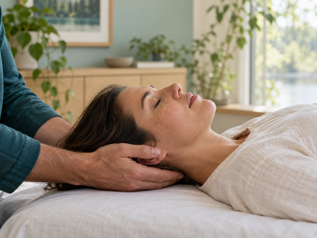 Practitioner gently supporting a reclining client’s head.