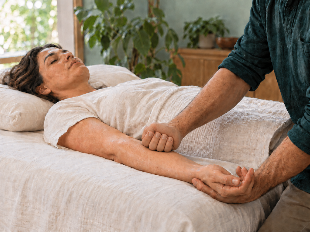 Practitioner applying soft-fist contact to a reclining client’s forearm.